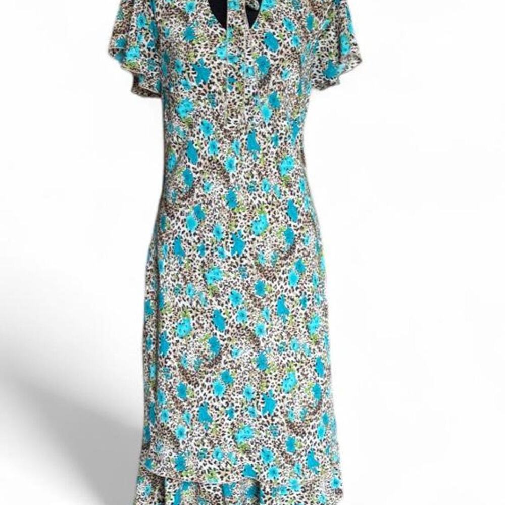 Vintage 90s Floral Animal Print Midi Dress – Boho Tie Neck L/XL